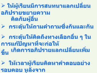 ให้ผู้เรียนมีการสนทนาแลกเปลี่ยน  อภิปรายขยายความ คิดกับผู้อื่น กระตุ้นให้ถามคำถามซึ่งกันและกัน กระตุ้นให้คิดถึงทางเลือกอื่น ๆ ในการแก้ปัญหาที่จะก่อให้ เกิดการอภิปรายแลกเปลี่ยนเพิ่มขึ้น ให้เวลาผู้เรียนคิดหาคำตอบอย่างรอบคอบ หลังจาก ถามคำถาม ให้เวลาผู้เรียนคิดเพื่อหาทางเชื่อมโยงความรู้ความเข้าใจและ ความคิดเพื่อการนำเสนอผลงานที่อาจออกมาในรูปแบบต่าง ๆ  