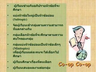 ผู้เรียนช่วยกันอภิปรายหัวข้อที่จะศึกษา   แบ่งหัวข้อใหญ่เป็นหัวข้อย่อย   (Subtopic)  จัดผู้เรียนเข้ากลุ่มตามความสามารถที่แตกต่างกัน   กลุ่มเลือกหัวข้อที่จะศึกษาตามความสนใจของกลุ่ม   กลุ่มแบ่งหัวข้อย่อยเป็นหัวข้อเล็กๆ   (Minitopics)  เพื่อผู้เรียนแต่ละคนจะได้เลือกไปศึกษา   ผู้เรียนศึกษาเรื่องที่ตนเลือก   ผู้เรียนเสนอผลงานต่อกลุ่ม   กลุ่มรวบรวมหัวข้อต่างๆ   จากผู้เรียนในกลุ่ม   แต่ละกลุ่มรายงานต่อชั้น   วัดผลจากการรายงาน   Co-op Co-op 