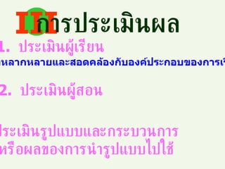 III การประเมินผล 1. ประเมินผู้เรียน 2. ประเมินผู้สอน ประเมินรูปแบบและกระบวนการ หรือผลของการนำรูปแบบไปใช้ โดยวิธีการที่หลากหลายและสอดคล้องกับองค์ประกอบของการเรียนการสอน 