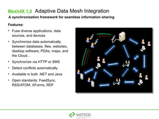 Mesh4X 1.0   Adaptive Data Mesh Integration Features : Fuse diverse applications, data sources, and devices Synchronize data automatically between databases, files, websites, desktop software, PDAs, maps, and the Cloud… Synchronize via HTTP or SMS Detect conflicts automatically Available in both .NET and Java  Open standards: FeedSync, RSS/ATOM, XForms, RDF A synchronization framework for seamless information sharing A synchronization framework for seamless information sharing  