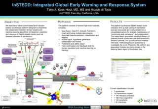 InSTEDD: Integrated Global Early Warning and Response System Taha A. Kass-Hout, MD, MS and Nicolás di Tada InSTEDD, Palo Alto, California, USA With funding from: Objective Methods Results We describe a hybrid (event-based and indicator-based) surveillance platform designed to streamline the collaboration between domain experts and machine-learning algorithms for detection, prediction and response to health-related events (such as disease outbreaks or pandemics). The platform consists of several high-level modules, including: The platform synthesizes health-related event indicators from a wide variety of information sources (structured and unstructured) into a consolidated picture for analysis, maintenance of “community-wide coherence”, and collaboration. This helps detect anomalies, visualize clusters of potential events, predict the rate and spread of a disease outbreak, and provide decision makers with tools, methodologies and processes to investigate the event. Presently, the platform and associated modules are being piloted in the Mekong Basin region of Southeast Asia. Current classification includes: ,[object Object],[object Object],[object Object],[object Object],[object Object],[object Object],[object Object],[object Object],[object Object],[object Object],[object Object]