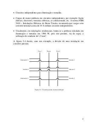 • Circuitos independentes para iluminação e tomadas.
• Cargas de maior potência em circuitos independentes, por exemplo: fogão
elétrico, chuveiros, torneiras elétricas, ar condicionado, etc. A norma NBR
5410 – Instalações Elétricas de Baixa Tensão, recomenda que cargas com
corrente nominal acima de 10 A tenham circuitos independentes.
• Usualmente, em instalações residenciais, limita-se a potência instalada em
iluminação e tomadas em 1500 W, pois isto permite, via de regra, a
utilização de condutor de 1,5 mm2
.
A figura 2.4 ilustra, com um exemplo, a divisão de uma instalação em
circuitos parciais.
Fase 1 Fase 2Neutro
iluminações 1
chuveiro 1
iluminações 2
tomadas 1
chuveiro 2
tomadas 2
Figura 2.4 - Circuitos parciais em uma instalação
6
 