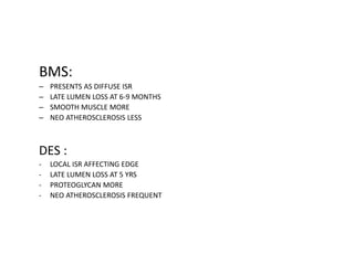 BMS:
– PRESENTS AS DIFFUSE ISR
– LATE LUMEN LOSS AT 6-9 MONTHS
– SMOOTH MUSCLE MORE
– NEO ATHEROSCLEROSIS LESS
DES :
- LOCAL ISR AFFECTING EDGE
- LATE LUMEN LOSS AT 5 YRS
- PROTEOGLYCAN MORE
- NEO ATHEROSCLEROSIS FREQUENT
 