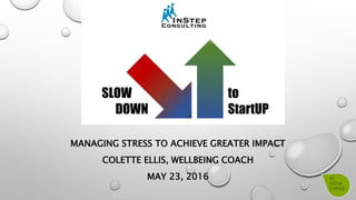 MANAGING STRESS TO ACHIEVE GREATER IMPACT
COLETTE ELLIS, WELLBEING COACH
MAY 23, 2016
 