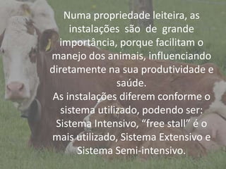 Numa propriedade leiteira, as
instalações são de grande
importância, porque facilitam o
manejo dos animais, influenciando
diretamente na sua produtividade e
saúde.
As instalações diferem conforme o
sistema utilizado, podendo ser:
Sistema Intensivo, “free stall” é o
mais utilizado, Sistema Extensivo e
Sistema Semi-intensivo.
 