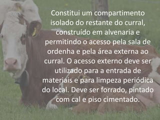 IntroduçãoConstitui um compartimento
isolado do restante do curral,
construído em alvenaria e
permitindo o acesso pela sala de
ordenha e pela área externa ao
curral. O acesso externo deve ser
utilizado para a entrada de
materiais e para limpeza periódica
do local. Deve ser forrado, pintado
com cal e piso cimentado.
 