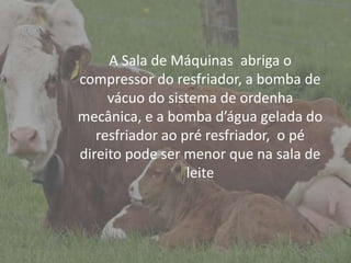 Introdução
A Sala de Máquinas abriga o
compressor do resfriador, a bomba de
vácuo do sistema de ordenha
mecânica, e a bomba d’água gelada do
resfriador ao pré resfriador, o pé
direito pode ser menor que na sala de
leite
 