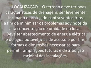 IntroduçãoLOCALIZAÇÃO – O terreno deve ter boas
características de drenagem, ser levemente
inclinado e protegido contra ventos frios
a fim de minimizar os problemas advindos da
alta concentração de umidade no local.
Deve ter abastecimento de energia elétrica
e de água potável, vias de acesso e por fim,
formas e dimensões necessárias para
permitir ampliações futuras e distribuição
racional das instalações.
.
 