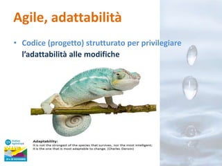 Agile, adattabilità
• Codice (progetto) strutturato per privilegiare
l’adattabilità alle modifiche

 