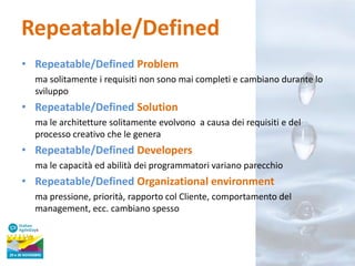 Repeatable/Defined
• Repeatable/Defined Problem
ma solitamente i requisiti non sono mai completi e cambiano durante lo
sviluppo

• Repeatable/Defined Solution
ma le architetture solitamente evolvono a causa dei requisiti e del
processo creativo che le genera

• Repeatable/Defined Developers
ma le capacità ed abilità dei programmatori variano parecchio

• Repeatable/Defined Organizational environment
ma pressione, priorità, rapporto col Cliente, comportamento del
management, ecc. cambiano spesso

 