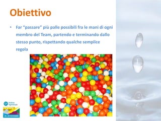 Obiettivo
• Far “passare” più palle possibili fra le mani di ogni
membro del Team, partendo e terminando dallo
stesso punto, rispettando qualche semplice
regola

 