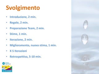 Svolgimento
• Introduzione, 2 min.
• Regole, 2 min.
• Preparazione Team, 2 min.

• Stime, 1 min.
• Iterazione, 2 min.
• Miglioramento, nuova stima, 1 min.

• X 5 Iterazioni
• Retrospettiva, 5-10 min.

 