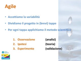 Agile
• Accettiamo la variabilità
• Dividiamo il progetto in (brevi) tappe
• Per ogni tappa applichiamo il metodo scientifico
1. Osservazione
2. Ipotesi
3. Esperimento

(analisi)
(teoria)
(validazione)

 