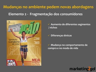 Mudanças no ambiente pedem novas abordagens
  Elemento 2 - Fragmentação dos consumidores

                         Aumento de diferentes segmentos
                        / nichos

                         Diferenças étnicas



                         Mudança no comportamento de
                        compra e no modo de vida
 