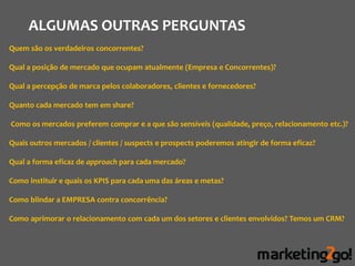 ALGUMAS OUTRAS PERGUNTAS
Quem são os verdadeiros concorrentes?

Qual a posição de mercado que ocupam atualmente (Empresa e Concorrentes)?

Qual a percepção de marca pelos colaboradores, clientes e fornecedores?

Quanto cada mercado tem em share?

Como os mercados preferem comprar e a que são sensíveis (qualidade, preço, relacionamento etc.)?

Quais outros mercados / clientes / suspects e prospects poderemos atingir de forma eficaz?

Qual a forma eficaz de approach para cada mercado?

Como instituir e quais os KPIS para cada uma das áreas e metas?

Como blindar a EMPRESA contra concorrência?

Como aprimorar o relacionamento com cada um dos setores e clientes envolvidos? Temos um CRM?
 