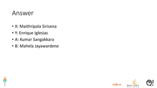 Answer
• X: Maithripala Sirisena
• Y: Enrique Iglesias
• A: Kumar Sangakkara
• B: Mahela Jayawardene
 