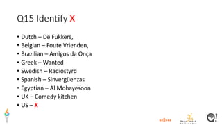 Q15 Identify X
• Dutch – De Fukkers,
• Belgian – Foute Vrienden,
• Brazilian – Amigos da Onça
• Greek – Wanted
• Swedish – Radiostyrd
• Spanish – Sinvergüenzas
• Egyptian – Al Mohayesoon
• UK – Comedy kitchen
• US – X
 