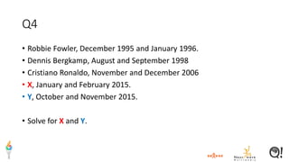 Q4
• Robbie Fowler, December 1995 and January 1996.
• Dennis Bergkamp, August and September 1998
• Cristiano Ronaldo, November and December 2006
• X, January and February 2015.
• Y, October and November 2015.
• Solve for X and Y.
 