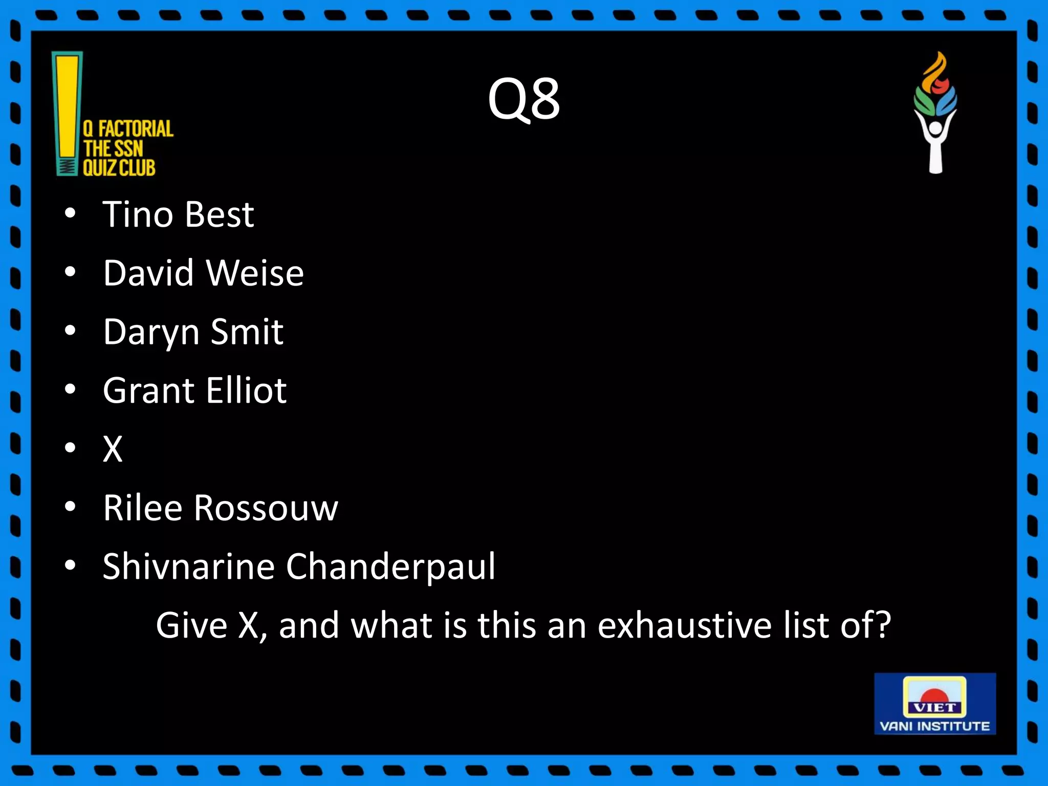 Q8
• Tino Best
• David Weise
• Daryn Smit
• Grant Elliot
• X
• Rilee Rossouw
• Shivnarine Chanderpaul
Give X, and what is this an exhaustive list of?
 