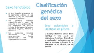 Sexo fenotípico
 El sexo fenotípico depende de
la apariencia externa de los
genitales y de los caracteres
sexuales secundarios.
 Los genitales externos
masculinos son la uretra, la
próstata, el pene y el escroto. Y
los femeninos la porción
inferior de la vagina, la uretra,
los labios mayores, menores y
el clítoris.
 Los caracteres sexuales
secundarios son las
características físicas
relacionadas con la
impregnación hormonal.
Sexo psicológico o
identidad de género.
Es el comportamiento sexual de un
individuo y éste puede ser
masculino y femenino. Depende de
su morfología y del aspecto de sus
órganos genitales, así como de su
educación, de sus hábitos y de sus
apetitos.
 