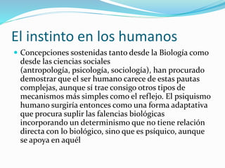 El instinto en los humanos
 Concepciones sostenidas tanto desde la Biología como
desde las ciencias sociales
(antropología, psicología, sociología), han procurado
demostrar que el ser humano carece de estas pautas
complejas, aunque sí trae consigo otros tipos de
mecanismos más simples como el reflejo. El psiquismo
humano surgiría entonces como una forma adaptativa
que procura suplir las falencias biológicas
incorporando un determinismo que no tiene relación
directa con lo biológico, sino que es psíquico, aunque
se apoya en aquél
 