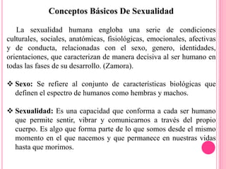 Conceptos Básicos De Sexualidad
La sexualidad humana engloba una serie de condiciones
culturales, sociales, anatómicas, fisiológicas, emocionales, afectivas
y de conducta, relacionadas con el sexo, genero, identidades,
orientaciones, que caracterizan de manera decisiva al ser humano en
todas las fases de su desarrollo. (Zamora).
 Sexo: Se refiere al conjunto de características biológicas que
definen el espectro de humanos como hembras y machos.
 Sexualidad: Es una capacidad que conforma a cada ser humano
que permite sentir, vibrar y comunicarnos a través del propio
cuerpo. Es algo que forma parte de lo que somos desde el mismo
momento en el que nacemos y que permanece en nuestras vidas
hasta que morimos.
 