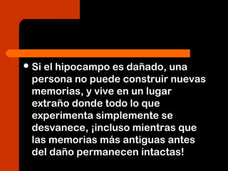 Si el hipocampo es dañado, una
persona no puede construir nuevas
memorias, y vive en un lugar
extraño donde todo lo que
experimenta simplemente se
desvanece, ¡incluso mientras que
las memorias más antiguas antes
del daño permanecen intactas!
 