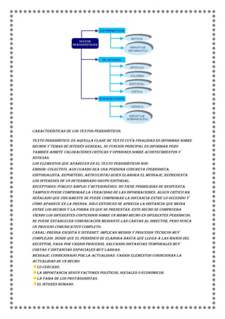 Características de los textos periodísticos.

Texto periodístico: es aquella clase de texto cuya finalidad es informar sobre
hechos y temas de interés general. Su función principal es informar pero
también admite valoraciones críticas y opiniones sobre acontecimientos y
noticias.
Los elementos que aparecen en el texto periodísticos son:
Emisor: Colectivo. Aun cuando sea una persona concreta (periodista,
editorialista, reportero, articulista) quien elabora el mensaje, representa
los intereses de un determinado grupo editorial.
Receptores: Público amplio y heterogéneo. No tiene posibilidad de respuesta.
Tampoco puede comprobar la veracidad de las informaciones. Algún crítico ha
señalado que únicamente se puede comprobar la distancia entre lo sucedido y
cómo aparece en la prensa. Sólo entonces se aprecia la distancia que media
entre los hechos y la forma en que se presentan. Este hecho se comprueba
viendo los diferentes contenidos sobre un mismo hecho en diferentes periódicos.
Se puede establecer comunicación mediante las cartas al director, pero nunca
un proceso comunicativo completo.
Canal: Prensa escrita e Internet. Implican medios y procesos técnicos muy
complejos. Desde que el periódico se elabora hasta que llega a las manos del
receptor, pasa por varios procesos, salvando distancias temporales muy
cortas y distancias espaciales muy largas.
Mensaje: condicionado por la actualidad. Varios elementos condicionan la
actualidad de un hecho:
  Lo cercano.
  La importancia según factores políticos, sociales o económicos.
  La fama de los protagonistas.
  El interés humano.
 