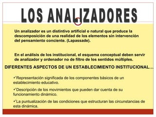 LOS ANALIZADORES Un analizador es un distintivo artificial o natural que produce la descomposición de una realidad de los elementos sin intervención del pensamiento conciente. (Lapassade).  En el análisis de los institucional, el esquema conceptual deben servir de analizador y ordenador no de filtro de los sentidos múltiples.   DIFERENTES ASPECTOS DE UN ESTABLECIMIENTO INSTITUCIONAL… Representación significada de los componentes básicos de un establecimiento educativo. Descripción de los movimientos que pueden dar cuenta de su funcionamiento dinámico. La puntualización de las condiciones que estructuran las circunstancias de esta dinámica. 