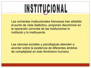 INSTITUCIONAL Las corrientes institucionales francesas han añadido el punto de vista dialéctico, proponen discriminar en la operación concreta de las instituciones lo instituido y lo instituyente.  Las ciencias sociales y psicológicas atienden a acordar sobre la existencia de diferentes ámbitos de complejidad en todo fenómeno humano.  
