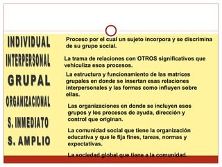INDIVIDUAL Proceso por el cual un sujeto incorpora y se discrimina de su grupo social. INTERPERSONAL La trama de relaciones con OTROS significativos que vehiculiza esos procesos.  GRUPAL La estructura y funcionamiento de las matrices grupales en donde se insertan esas relaciones interpersonales y las formas como influyen sobre ellas.   ORGANIZACIONAL Las organizaciones en donde se incluyen esos grupos y los procesos de ayuda, dirección y control que originan.   S. INMEDIATO S. AMPLIO La comunidad social que tiene la organización educativa y que le fija fines, tareas, normas y expectativas.  La sociedad global que tiene a la comunidad.  