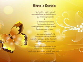 Himno La Graciela
                                                     ""


              con la patria y nuestra juventud
    construyendo futuro, derribando los muros
                que dividen nuestro corazón.
                             II
               Es el lema de nuestro trabajo
               "constancia disciplina y amor"
     nuestra gestión social lucha por la verdad
              formando pensadores de paz.
                            coro:
               siempre en armonía con la vida
           respetando la diversidad del pueblo
   viviendo los valores que nos deja el evangelio
            "la Graciela en sus aulas formara"

         con tesón educando para el progreso
         fomentando la integridad del hombre
como la mejor respuesta ante un mundo que se niega
                   a vivir en plena libertad.



   Letra y música: Ivan eduardo Galvez Giraldo.
 