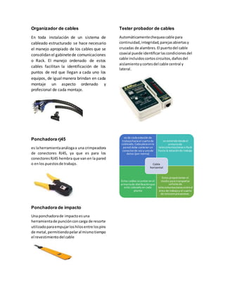 Organizador de cables 
En toda instalación de un sistema de 
cableado estructurado se hace necesario 
el manejo apropiado de los cables que se 
consolidan el gabinete de comunicaciones 
o Rack. El manejo ordenado de estos 
cables facilitan la identificación de los 
puntos de red que llegan a cada uno los 
equipos, de igual manera brindan en cada 
montaje un aspecto ordenado y 
profesional de cada montaje. 
Ponchadora rj45 
es la herramienta análoga a una crimpeadora 
de conectores RJ45, ya que es para los 
conectores RJ45 hembra que van en la pared 
o en los puestos de trabajo. 
Ponchadora de impacto 
Una ponchadora de impacto es una 
herramienta de punción con carga de resorte 
utilizado para empujar los hilos entre los pins 
de metal, permitiendo pelar al mismo tiempo 
el revestimiento del cable 
Tester probador de cables 
Automáticamente chequea cable para 
continuidad, integridad, parejas abiertas y 
cruzadas de alambres. El puerto del cable 
coaxial puede identificar las condiciones del 
cable incluidos cortos circuitos, daños del 
aislamiento y cortes del cable central y 
lateral. 
va de cada estación de 
trabajo hacia el cuarto de 
cableado. Cada placa en la 
pared debe contener un 
conector de voz y uno de 
datos (por norma) 
se extiende desde el 
armario de 
telecomunicaciones o Rack 
hasta la estación de trabajo. 
Cable 
horizontal 
Estos cables se juntan en el 
armario de distribución que 
está colocado en cada 
planta 
Estos proporcionan el 
medio para transportar 
señales de 
telecomunicaciones entre el 
área de trabajo y el cuarto 
de telecomunicaciones. 
 