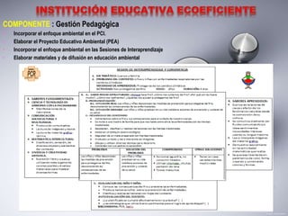 COMPONENTE : Gestión Pedagógica
• Incorporar el enfoque ambiental en el PCI.
• Elaborar el Proyecto Educativo Ambiental (PEA)
• Incorporar el enfoque ambiental en las Sesiones de Interaprendizaje
• Elaborar materiales y de difusión en educación ambiental
 