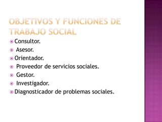  Consultor.
 Asesor.
 Orientador.
 Proveedor de servicios sociales.
 Gestor.
 Investigador.
 Diagnosticador de problemas sociales.
 