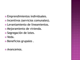  Emprendimientos    individuales.
 Incentivos (servicios comunales).
 Levantamiento de lineamientos.
 Mejoramiento de vivienda.
 Segregación de lotes.
 Veda.
 Beneficios grupales .


 Avancemos.
 