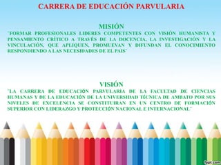 CARRERA DE EDUCACIÓN PARVULARIA

                              MISIÓN
¨FORMAR PROFESIONALES LIDERES COMPETENTES CON VISIÓN HUMANISTA Y
PENSAMIENTO CRÍTICO A TRAVÉS DE LA DOCENCIA, LA INVESTIGACIÓN Y LA
VINCULACIÓN, QUE APLIQUEN, PROMUEVAN Y DIFUNDAN EL CONOCIMIENTO
RESPONDIENDO A LAS NECESIDADES DE EL PAIS¨




                              VISIÓN
¨LA CARRERA DE EDUCACIÓN PARVULARIA DE LA FACULTAD DE CIENCIAS
HUMANAS Y DE LA EDUCACIÓN DE LA UNIVERSIDAD TÉCNICA DE AMBATO POR SUS
NIVELES DE EXCELENCIA SE CONSTITUIRAN EN UN CENTRO DE FORMACIÓN
SUPERIOR CON LIDERAZGO Y PROTECCIÓN NACIONAL E INTERNACIONAL¨
 