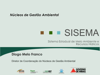 Núcleos de Gestão Ambiental




                                              SISEMA
                                   Sistema Estadual de Meio Ambiente e
                                                       Recursos Hídricos


Diogo Melo Franco
Diretor de Coordenação do Núcleos de Gestão Ambiental


      POLÍCIA
      MILITAR
      DE MINAS GERAIS
      Nossa profissão, sua vida.
 