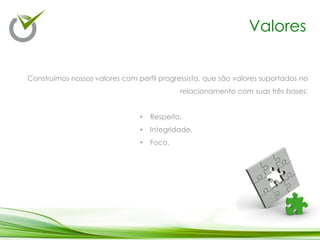Construímos nossos valores com perfil progressista, que são valores suportados no
relacionamento com suas três bases:
• Respeito,
• Integridade,
• Foco.
Valores
 