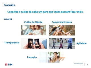 6
Apresentação Institucional
TIM Brasil
Propósito
Conectar e cuidar de cada um para que todos possam fazer mais.
Valores
Cuidar do Cliente
Transparência
Inovação
Comprometimento
Agilidade
 