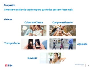 6
Apresentação Institucional
TIM Brasil
Propósito
Conectar e cuidar de cada um para que todos possam fazer mais.
Valores
Cuidar do Cliente
Transparência
Inovação
Comprometimento
Agilidade
 