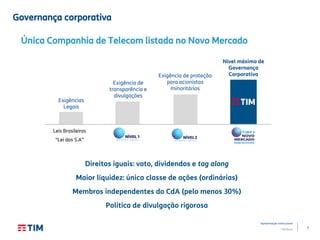 7
Apresentação Institucional
TIM Brasil
Governança corporativa
Leis Brasileiras
“Lei das S.A”
Exigências
Legais
Exigência de
transparência e
divulgações
Nível máximo de
Governança
CorporativaExigência de proteção
para acionistas
minoritários
Única Companhia de Telecom listada no Novo Mercado
Direitos iguais: voto, dividendos e tag along
Maior liquidez: única classe de ações (ordinárias)
Membros independentes do CdA (pelo menos 30%)
Política de divulgação rigorosa
 