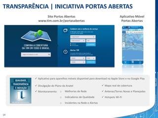 TRANSPARÊNCIA | INICIATIVA PORTAS ABERTAS
 Aplicativo para aparelhos móveis disponível para download na Apple Store e no Google Play
 Divulgação do Plano da Anatel
 Monitoramento: o Melhorias de Rede
o Indicadores de Qualidade
o Incidentes na Rede e Alertas
 Mapa real de cobertura
 Antenas/Torres Novas e Planejadas
 Hotspots Wi-Fi
Site Portas Abertas
www.tim.com.br/portasabertas
Aplicativo Móvel
Portas Abertas
14
 