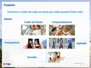 6
Apresentação Institucional
TIM Brasil
Propósito
Conectar e cuidar de cada um para que todos possam fazer mais.
Valores
Cuidar do Cliente
Transparência
Inovação
Comprometimento
Agilidade
 