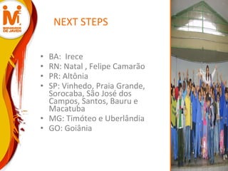NEXT STEPS BA:  Irece RN: Natal , Felipe Camarão PR: Altônia SP: Vinhedo, Praia Grande, Sorocaba, São José dos Campos, Santos, Bauru e Macatuba MG: Timóteo e Uberlândia GO: Goiânia  