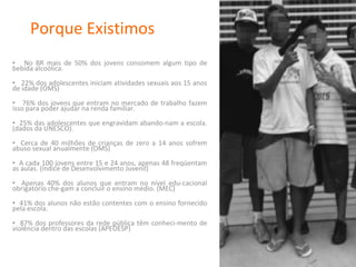 No BR mais de 50% dos jovens consomem algum tipo de bebida alcoólica. 22% dos adolescentes iniciam atividades sexuais aos 15 anos de idade (OMS) 76% dos jovens que entram no mercado de trabalho fazem isso para poder ajudar na renda familiar. 25% das adolescentes que engravidam abando­nam a escola. (dados da UNESCO). Cerca de 40 milhões de crianças de zero a 14 anos sofrem abuso sexual anualmente (OMS) A cada 100 jovens entre 15 e 24 anos, apenas 48 freqüentam as aulas. (índice de Desenvolvimento Juvenil) Apenas 40% dos alunos que entram no nível edu­cacional obrigatório che­gam a concluir o ensino médio. (MEC) 41% dos alunos não estão contentes com o ensino fornecido pela escola.   87% dos professores da rede pública têm conheci­mento de violência dentro das escolas (APEOESP) Porque Existimos 