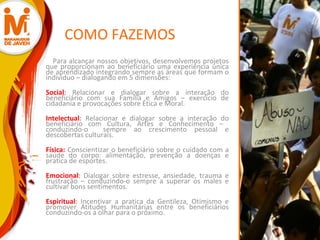 COMO FAZEMOS  Para alcançar nossos objetivos, desenvolvemos projetos que proporcionam ao beneficiário uma experiência única de aprendizado integrando sempre as áreas que formam o individuo – dialogando em 5 dimensões: Social :  Relacionar e dialogar sobre a interação do beneficiário com sua Família e Amigos – exercício de cidadania e provocações sobre Ética e Moral. Intelectual :  Relacionar e dialogar sobre a interação do beneficiário com Cultura, Artes e Conhecimento –  conduzindo-o  sempre ao crescimento pessoal e descobertas culturais. Física:  Conscientizar o beneficiário sobre o cuidado com a saúde do corpo: alimentação, prevenção a doenças e pratica de esportes. Emocional :  Dialogar sobre estresse, ansiedade, trauma e frustração – conduzindo-o sempre a superar os males e cultivar bons sentimentos. Espiritual :  Incentivar a pratica da Gentileza, Otimismo e promover Atitudes Humanitárias entre os beneficiários conduzindo-os a olhar para o próximo.  