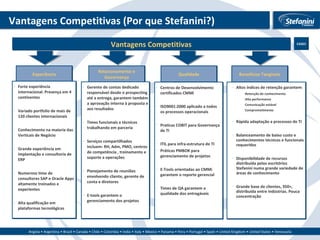 Vantagens Competitivas (Por que Stefanini?) Vantagens Competitivas Experiência Relacionamento e Governança Qualidade Benefícios Tangíveis Forte experiência internacional. Presença em 4 continentes Variado portfolio de mais de 120 clientes internacionais Conhecimento na maioria das Verticais de Negócio Grande experiência em implantação e consultoria de ERP Numeroso time de consultores SAP e Oracle Apps altamente treinados e experientes Alta qualificação em plataformas tecnológicas Altos índices de retenção garantem: Retenção do conhecimento Alta performance Comunicação estável Comprometimento Rápida adaptação a processos de TI Balanceamento de baixo custo e conhecimentos técnicos e funcionais requeridos Disponibilidade de recursos distribuída pelos escritórios Stefanini numa grande variedade de áreas de conhecimento Grande base de clientes, 350+, distribuída entre indústrias. Pouca concentração Gerente de contas dedicado responsável desde o prospecting até a entrega, garantem também a aprovação interna à proposta e aos resultados Times funcionais e técnicos trabalhando em parceria Serviços compartilhados incluem: RH, Adm, PMO, centros de competência , treinamento e suporte a operações Planejamento de reuniões envolvendo cliente, gerente de conta e diretores E-tools garantem o gerenciamento dos projetos Centros de Desenvolvimento certificados CMMi ISO9001:2000 aplicado a todos os processos operacionais Praticas COBIT para Governança de TI ITIL para infra-estrutura de TI  Práticas PMBOK para gerenciamento de projetos E-Tools orientadas ao CMMi garantem o reporte gerencial Times de QA garantem a qualidade dos entregáveis CASES 