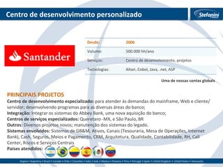 Centro de desenvolvimento personalizado PRINCIPAIS PROJETOS Centro de desenvolvimento especializado:  para atender às demandas do mainframe, Web e cliente/servidor; desenvolvendo programas para as diversas áreas do banco; Integração:  Integrar os sistemas do Abbey Bank, uma nova aquisição do banco; Centros de serviços especializados:  Queretaro -MX, e São Paulo, BR Outros:  Diversos projetos novos; manutenção dos sistemas do legado.  Sistemas envolvidos:  Sistemas de GB&M, Ativos, Canais (Tesouraria, Mesa de Operações, Internet Bank), Cash, Seguros, Meios e Pagamento, CRM, Arquitetura, Qualidade, Contabilidade, RH, Call Center, Riscos e Serviços Centrais Países atendidos:   Uma de nossas contas globais Desde: 2006 Volume: 500.000 hh/ano Serviços:  Centro de desenvolvimento, projetos Tecnologias: Altair, Cobol, Java, .net, ASP 