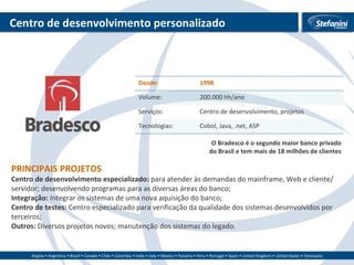 Centro de desenvolvimento personalizado PRINCIPAIS PROJETOS Centro de desenvolvimento especializado:  para atender às demandas do mainframe, Web e cliente/servidor; desenvolvendo programas para as diversas áreas do banco; Integração:  Integrar os sistemas de uma nova aquisição do banco; Centro de testes:  Centro especializado para verificação da qualidade dos sistemas desenvolvidos por terceiros; Outros:  Diversos projetos novos; manutenção dos sistemas do legado.  O Bradesco é o segundo maior banco privado do Brasil e tem mais de 18 milhões de clientes Desde: 1998 Volume: 200.000 hh/ano Serviços:  Centro de desenvolvimento, projetos Tecnologias: Cobol, Java, .net, ASP 